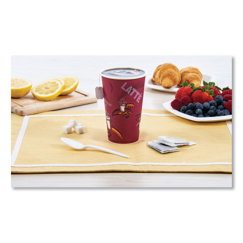 Dart Solo Paper Hot Drink Cups in Bistro Design, 16 oz, Maroon, 1,000/Carton