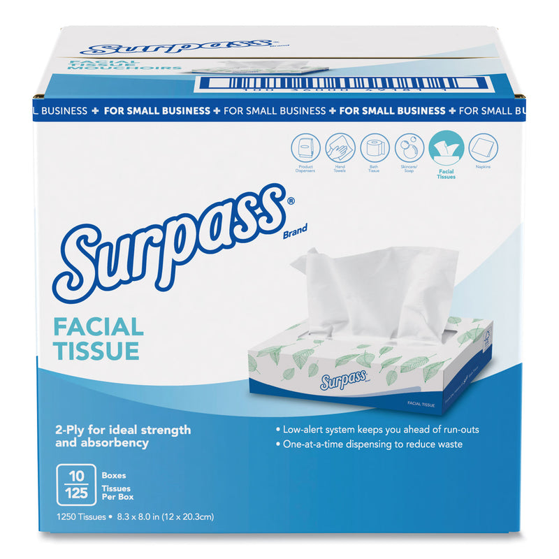 Surpass Facial Tissue, 2-Ply, White, Flat Box, 125/Box, 10 Boxes/Carton