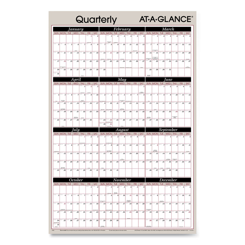 AT-A-GLANCE Vertical/Horizontal Erasable Quarterly/Monthly Wall Planner, 24 x 36, White/Black/Red Sheets, 12-Month (Jan to Dec): 2023
