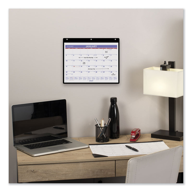 AT-A-GLANCE Monthly Desk/Wall Calendar with Plastic Backboard and Bonus Pages, 11 x 8, White/Violet/Red Sheets, 12-Month (Jan-Dec): 2023
