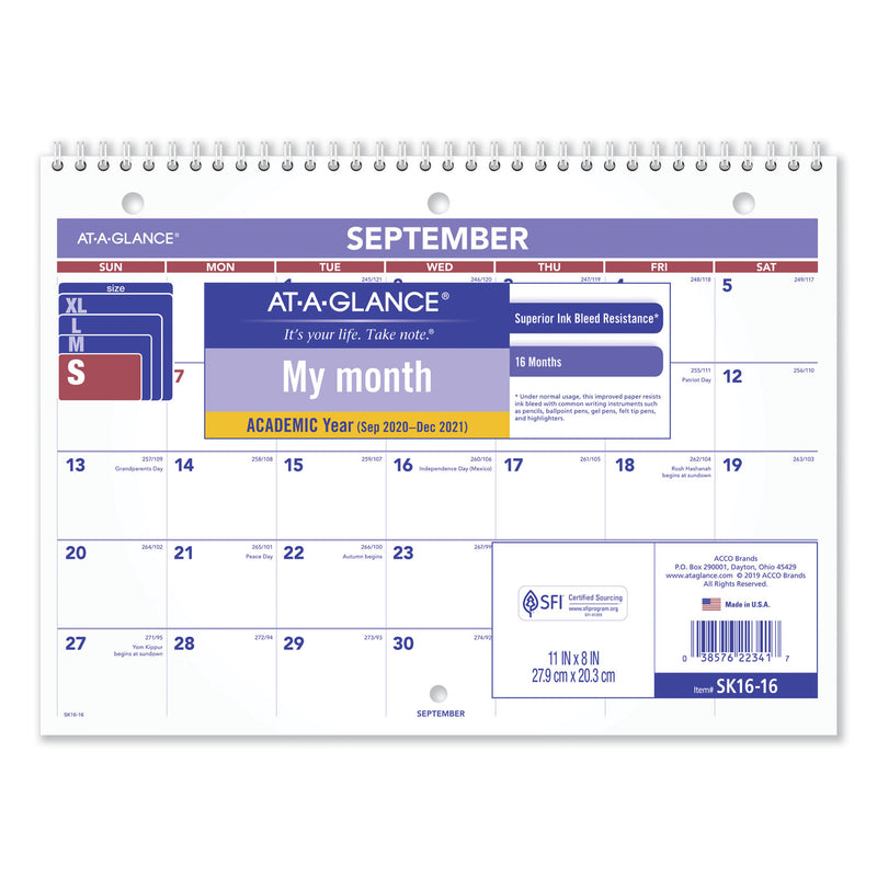 AT-A-GLANCE Wirebound Monthly Desk/Wall Calendar, 11 x 8, White Sheets, 16-Month (Sept to Dec): 2022 to 2023