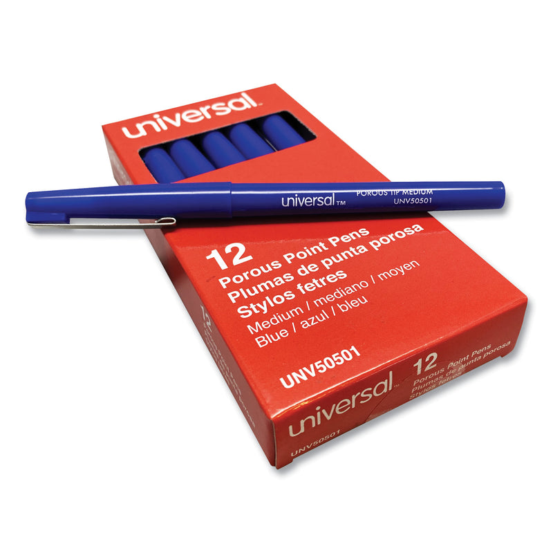 Universal Porous Point Pen, Stick, Medium 0.7 mm, Blue Ink, Blue Barrel, Dozen