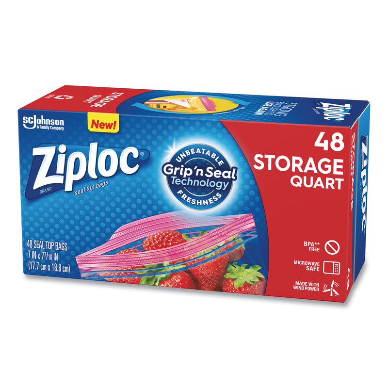 Ziploc Double Zipper Storage Bags, 1 qt, 1.75 mil, 9.63" x 8.5", Clear, 48/Box
