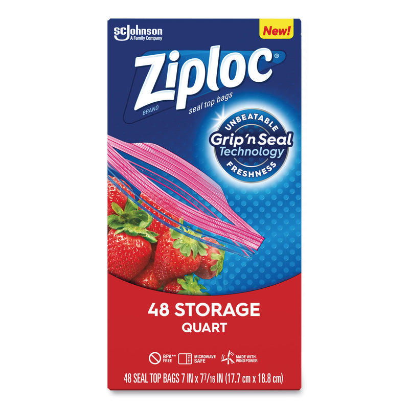 Ziploc Double Zipper Storage Bags, 1 qt, 1.75 mil, 9.63" x 8.5", Clear, 48/Box