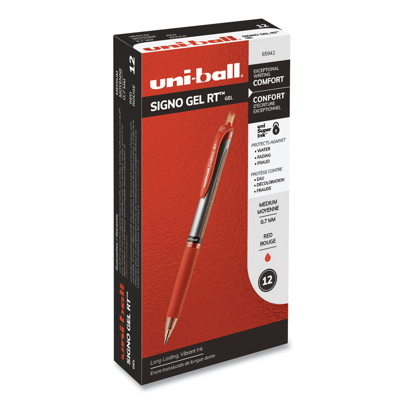 uniball Signo Gel Pen, Retractable, Medium 0.7 mm, Red Ink, Red/Metallic Accents Barrel, Dozen