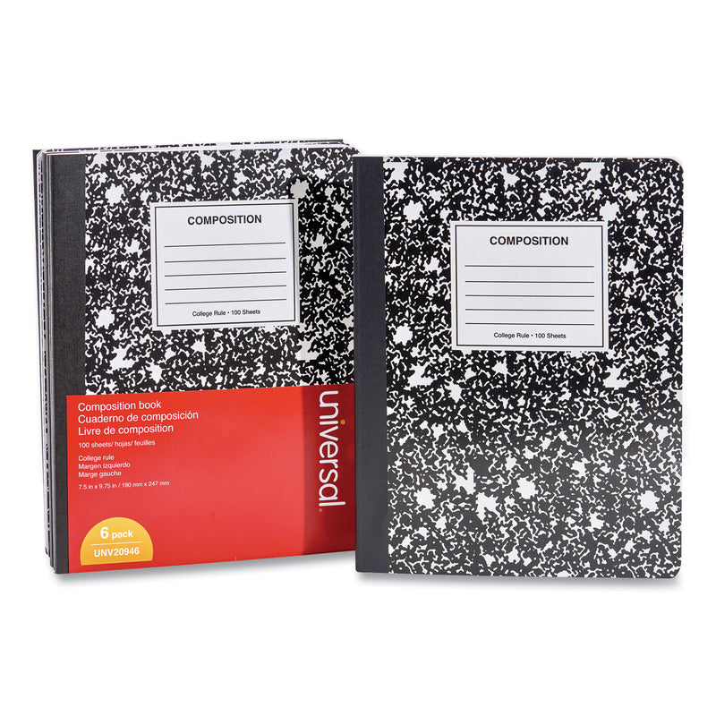 Universal Composition Book, Medium/College Rule, Black Marble Cover, 9.75 x 7.5, 100 Sheets, 6/Pack