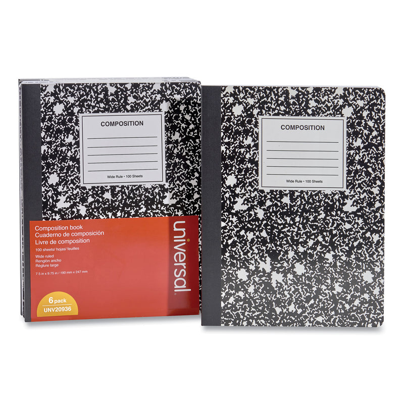 Universal Composition Book, Wide/Legal Rule, Black Marble Cover, 9.75 x 7.5, 100 Sheets, 6/Pack