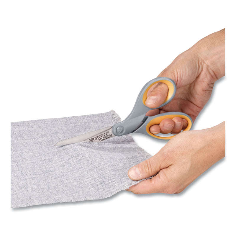 Westcott Titanium Bonded Scissors, 8" Long, 3.5" Cut Length, Gray/Yellow Straight Handle