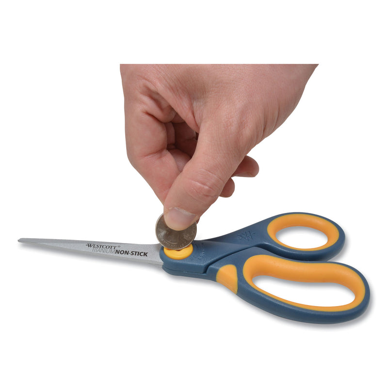 Westcott Non-Stick Titanium Bonded Scissors, 8" Long, 3.25" Cut Length, Gray/Yellow Straight Handle