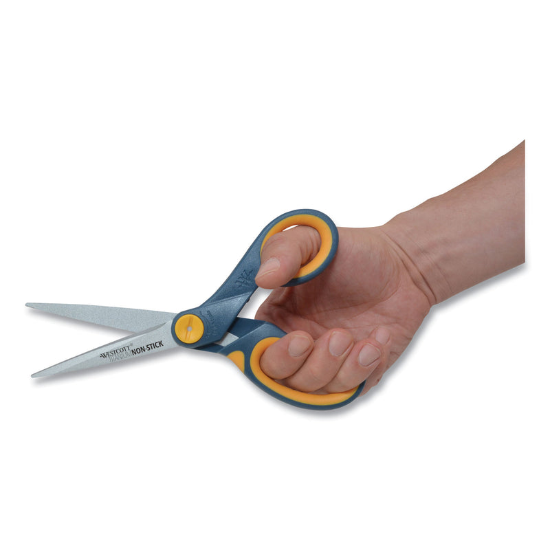 Westcott Non-Stick Titanium Bonded Scissors, 8" Long, 3.25" Cut Length, Gray/Yellow Straight Handle