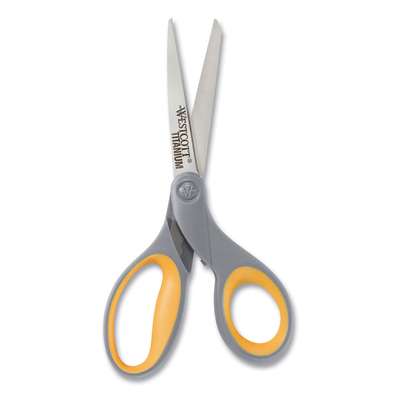 Westcott Titanium Bonded Scissors, 8" Long, 3.5" Cut Length, Gray/Yellow Straight Handle