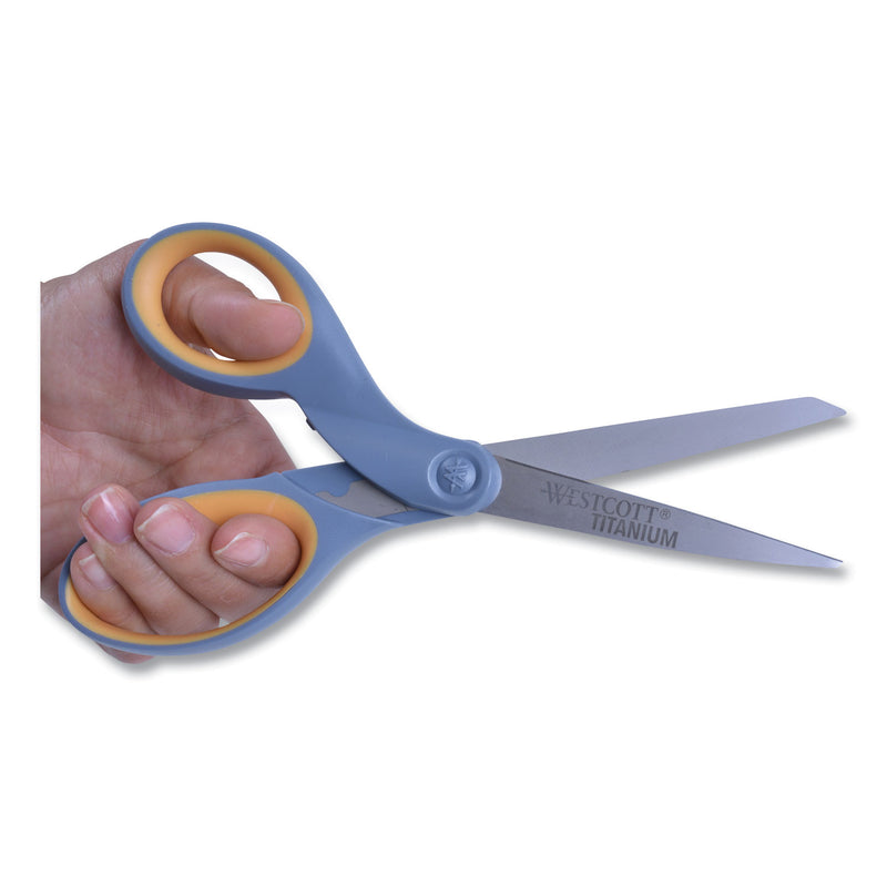Westcott Titanium Bonded Scissors, 8" Long, 3.5" Cut Length, Gray/Yellow Straight Handle