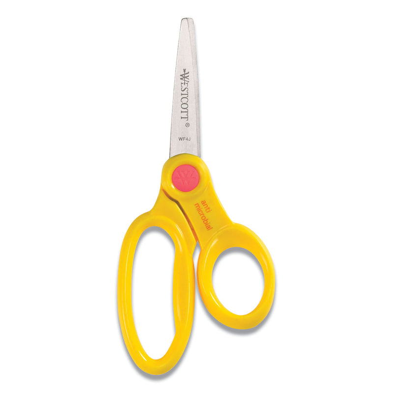 Westcott Kids' Scissors with Antimicrobial Protection, Pointed Tip, 5" Long, 2" Cut Length, Assorted Straight Handles, 12/Pack