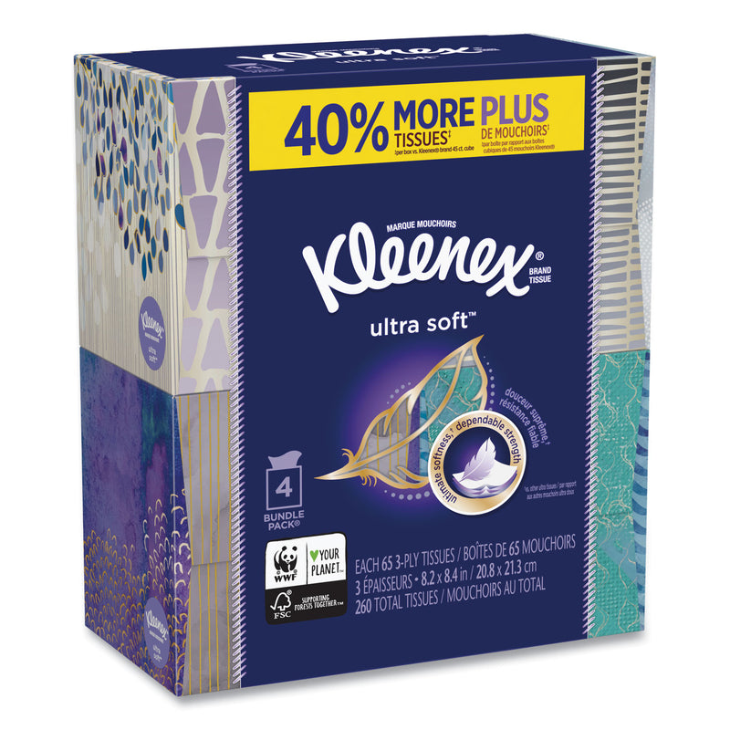 Kleenex Ultra Soft Facial Tissue, 3-Ply, White, 65 Sheets/Box, 4 Boxes/Pack, 12 Packs/Carton