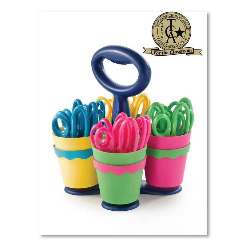 Westcott Scissor Caddy with Kids' Scissors, 5" Long, 2" Cut Length, Light Blue; Light Green; Pink; Yellow, Straight Handles, 24/Set