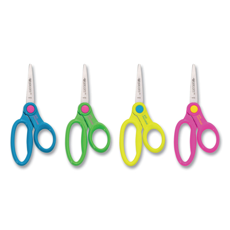 Westcott Scissor Caddy with Kids' Scissors, 5" Long, 2" Cut Length, Light Blue; Light Green; Pink; Yellow, Straight Handles, 24/Set