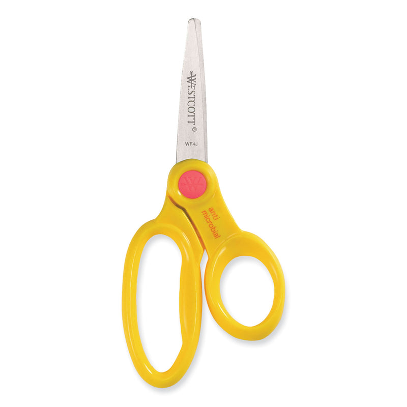 Westcott Kids' Scissors with Antimicrobial Protection, Pointed Tip, 5" Long, 2" Cut Length, Randomly Assorted Straight Handles