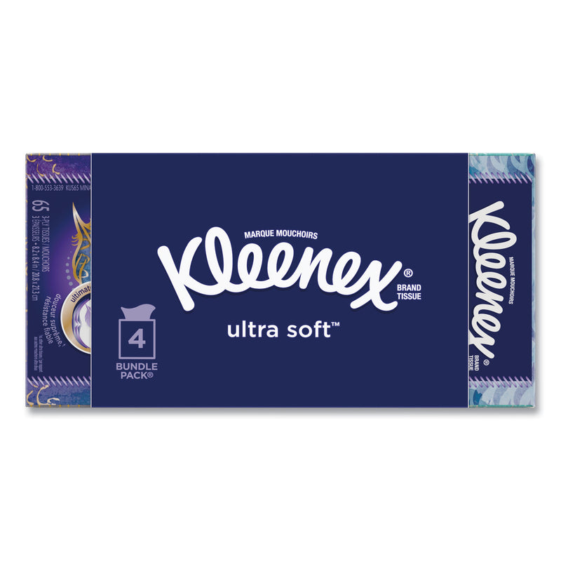 Kleenex Ultra Soft Facial Tissue, 3-Ply, White, 65 Sheets/Box, 4 Boxes/Pack, 12 Packs/Carton