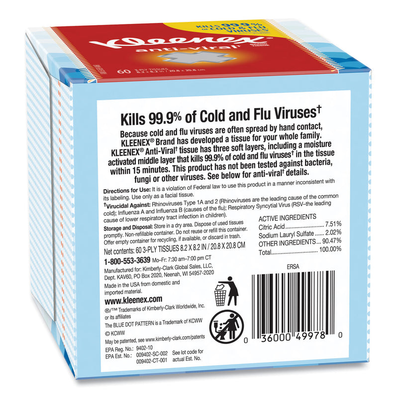 Kleenex Anti-Viral Facial Tissue, 3-Ply, White, 60 Sheets/Box, 27 Boxes/Carton