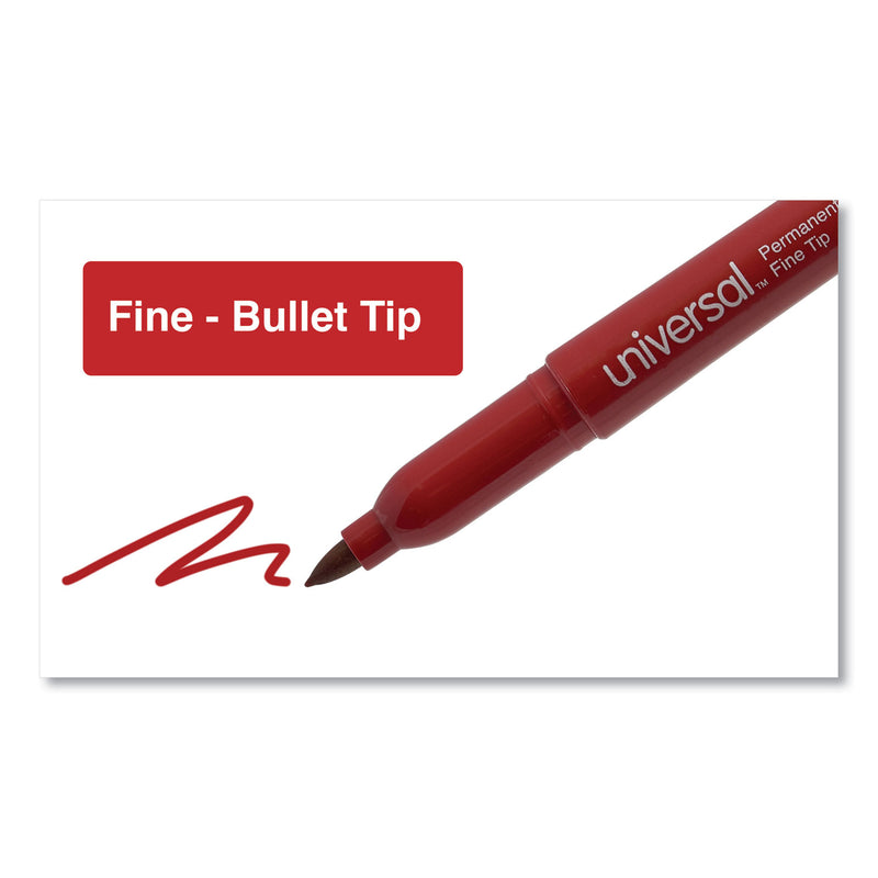 Universal Pen-Style Permanent Marker, Fine Bullet Tip, Red, Dozen