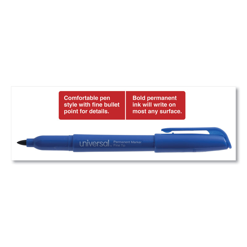Universal Pen-Style Permanent Marker, Fine Bullet Tip, Blue, Dozen
