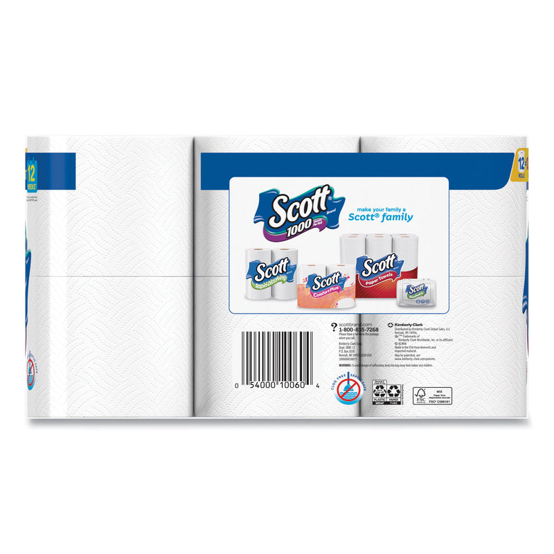 Scott Toilet Paper, Septic Safe, 1-Ply, White, 1,000 Sheets/Roll, 12 Rolls/Pack, 4 Pack/Carton