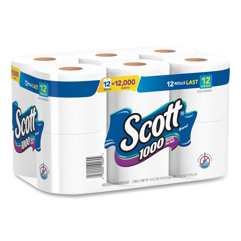 Scott Toilet Paper, Septic Safe, 1-Ply, White, 1,000 Sheets/Roll, 12 Rolls/Pack, 4 Pack/Carton