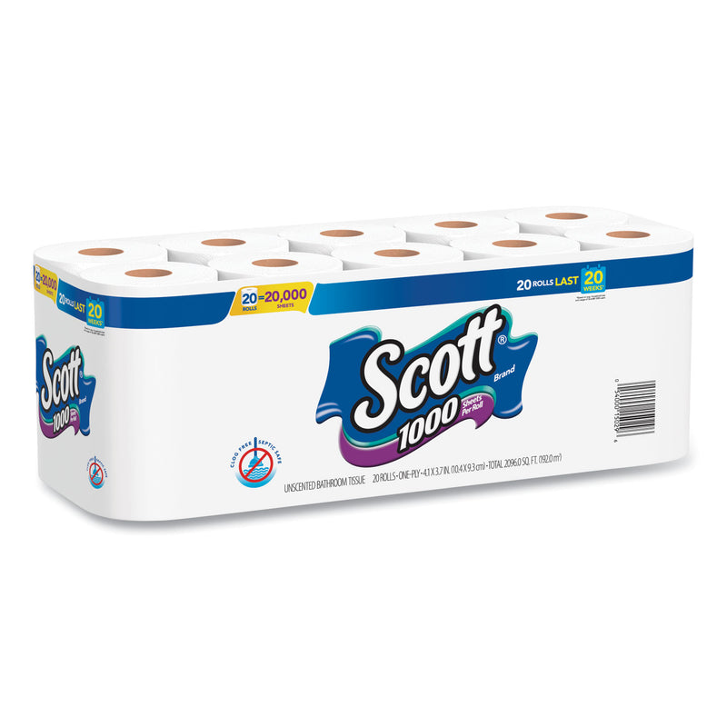 Scott Standard Roll Bathroom Tissue, Septic Safe, 1-Ply, White, 1,000 Sheets/Roll, 20/Pack, 2 Packs/Carton