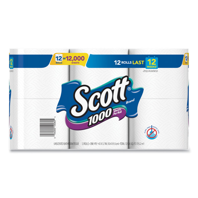 Scott Toilet Paper, Septic Safe, 1-Ply, White, 1,000 Sheets/Roll, 12 Rolls/Pack, 4 Pack/Carton