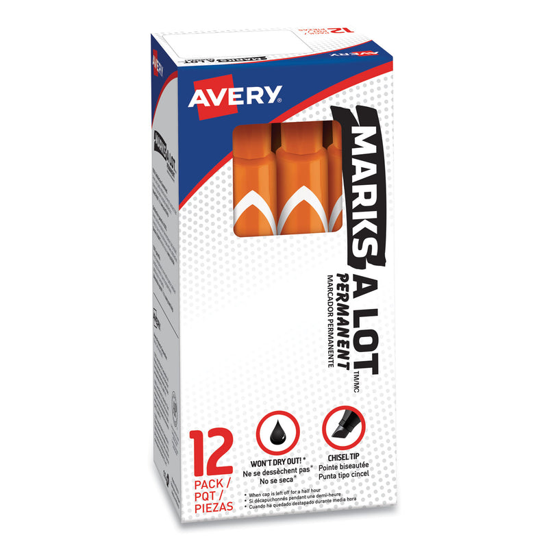 Avery MARKS A LOT Large Desk-Style Permanent Marker, Broad Chisel Tip, Orange, Dozen (8883)