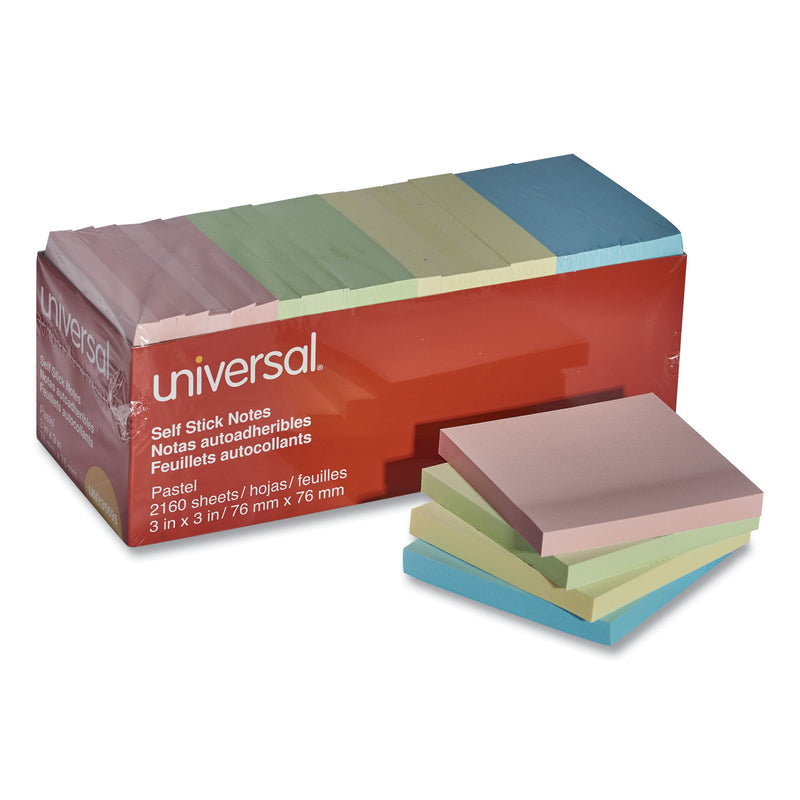 Universal Self-Stick Note Pad Cabinet Pack, 3" x 3", Assorted Pastel Colors, 90 Sheets/Pad, 24 Pads/Pack