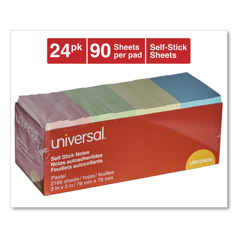 Universal Self-Stick Note Pad Cabinet Pack, 3" x 3", Assorted Pastel Colors, 90 Sheets/Pad, 24 Pads/Pack
