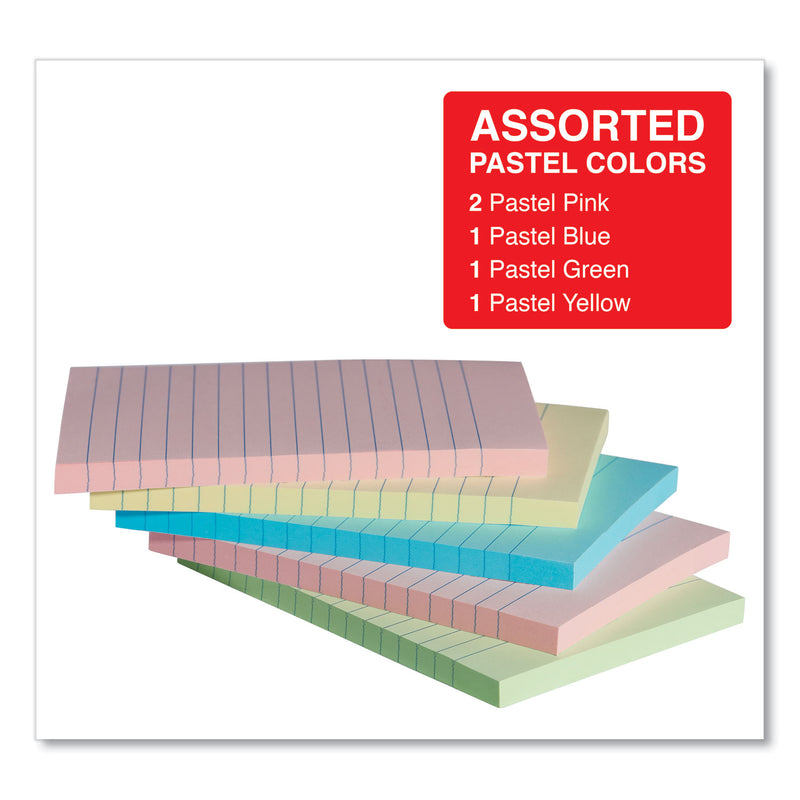 Universal Self-Stick Note Pads, Note Ruled, 4" x 6", Assorted Pastel Colors, 100 Sheets/Pad, 5 Pads/Pack