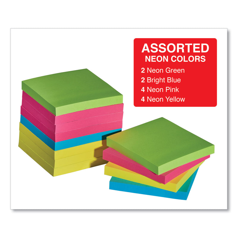 Universal Self-Stick Note Pads, 3" x 3", Assorted Neon Colors, 100 Sheets/Pad, 12 Pads/Pack