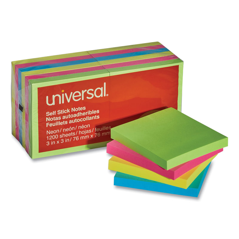 Universal Self-Stick Note Pads, 3" x 3", Assorted Neon Colors, 100 Sheets/Pad, 12 Pads/Pack
