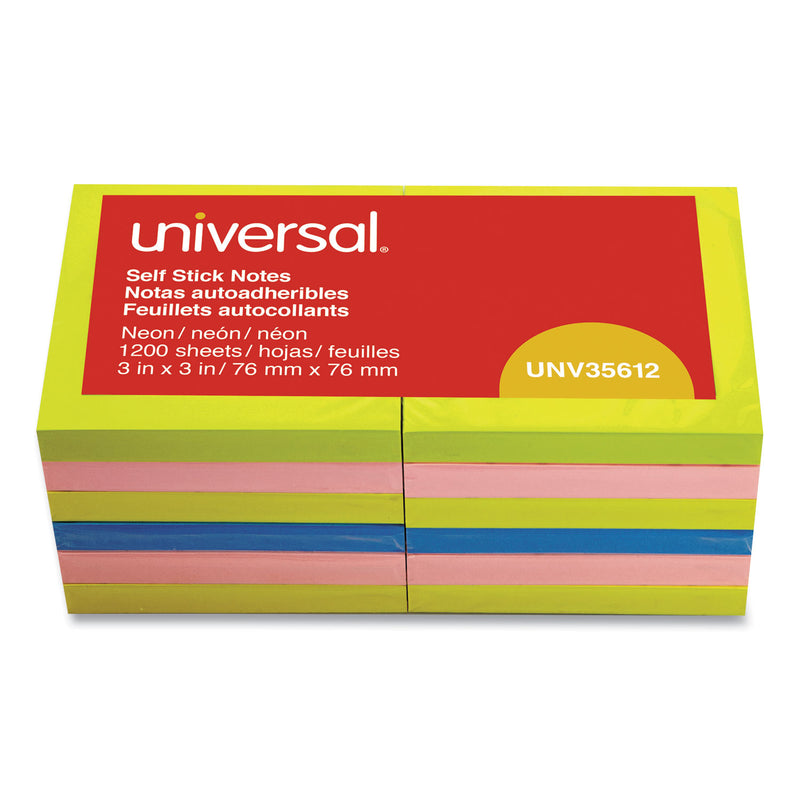 Universal Fan-Folded Self-Stick Pop-Up Note Pads, 3" x 3", Assorted Neon Colors, 100 Sheets/Pad, 12 Pads/Pack