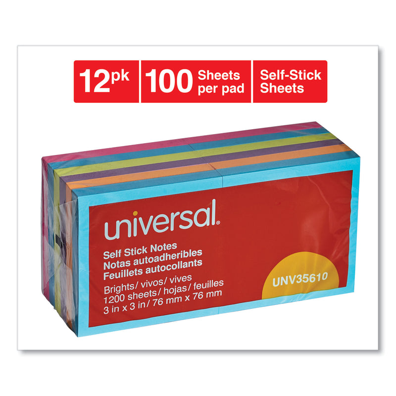 Universal Self-Stick Note Pads, 3" x 3", Assorted Bright Colors, 100 Sheets/Pad, 12 Pads/Pack