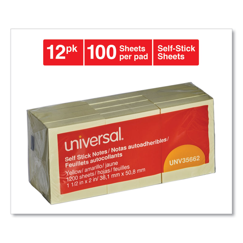 Universal Self-Stick Note Pads, 1.5" x 2", Yellow, 100 Sheets/Pad, 12 Pads/Pack