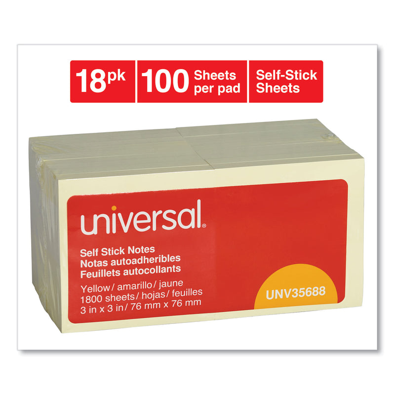 Universal Self-Stick Note Pad Value Pack, 3" x 3", Yellow, 100 Sheets/Pad, 18 Pads/Pack