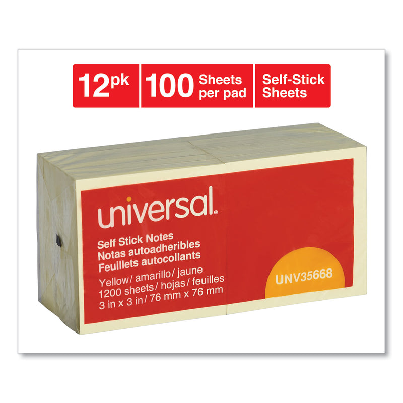 Universal Self-Stick Note Pads, 3" x 3", Yellow, 100 Sheets/Pad, 12 Pads/Pack