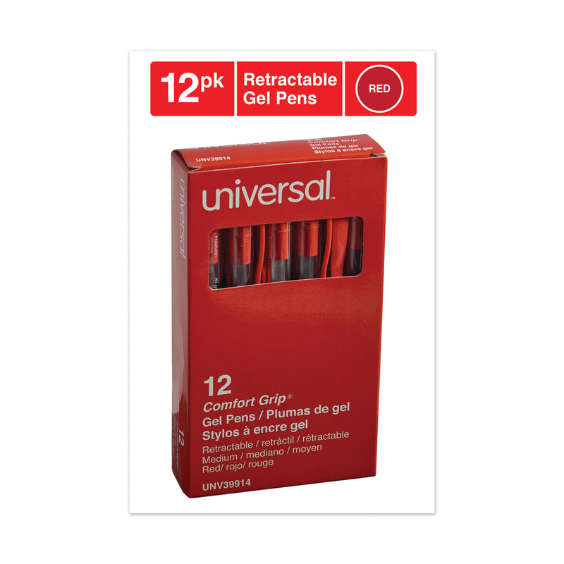 Universal Comfort Grip Gel Pen, Retractable, Medium 0.7 mm, Red Ink, Translucent Red Barrel, Dozen
