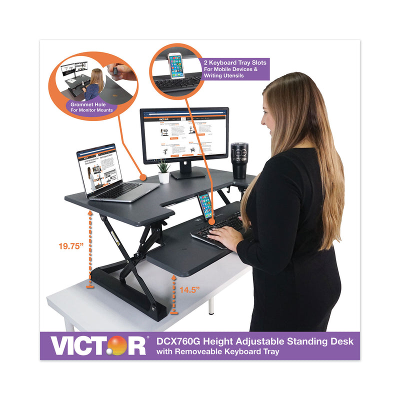 Victor High Rise Height Adjustable Standing Desk with Keyboard Tray, 36" x 31.25" x 5.25" to 20", Gray/Black