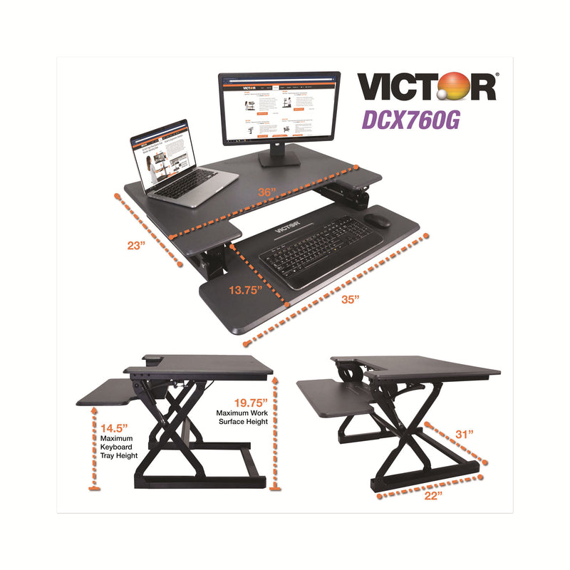 Victor High Rise Height Adjustable Standing Desk with Keyboard Tray, 36" x 31.25" x 5.25" to 20", Gray/Black
