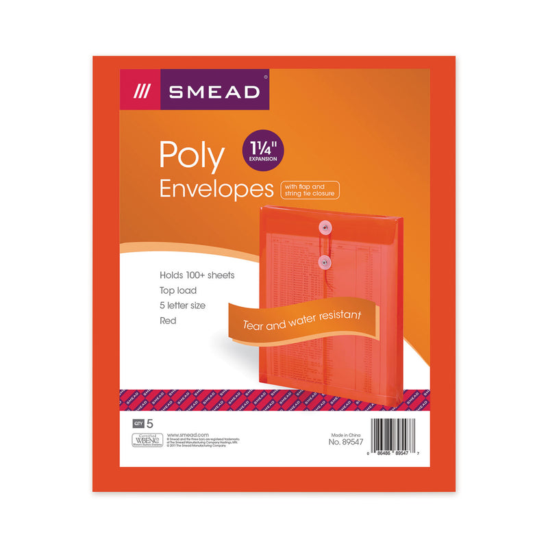 Smead Poly String and Button Interoffice Envelopes, Open-End (Vertical), 9.75 x 11.63, Transparent Red, 5/Pack