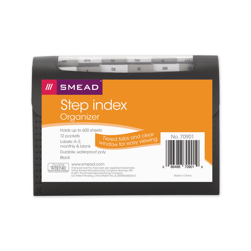 Smead Step Index Organizer, 12 Sections, Cord/Hook Closure, 1/6-Cut Tabs, Letter Size, Black