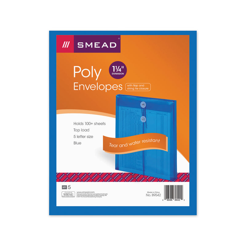 Smead Poly String and Button Interoffice Envelopes, Open-End (Vertical), 9.75 x 11.63, Transparent Blue, 5/Pack