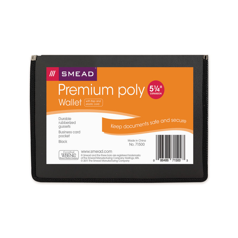 Smead Poly Premium Wallets, 5.25" Expansion, 1 Section, Elastic Cord Closure, Letter Size, Black