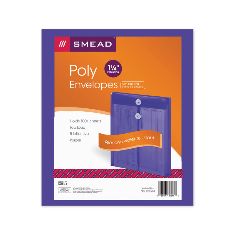 Smead Poly String and Button Interoffice Envelopes, Open-End (Vertical), 9.75 x 11.63, Transparent Purple, 5/Pack