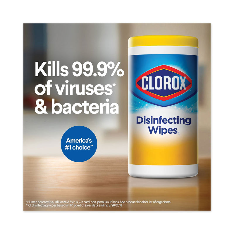 Clorox Disinfecting Wipes, 7 x 7.75, Crisp Lemon, 75/Canister, 6 Canisters/Carton