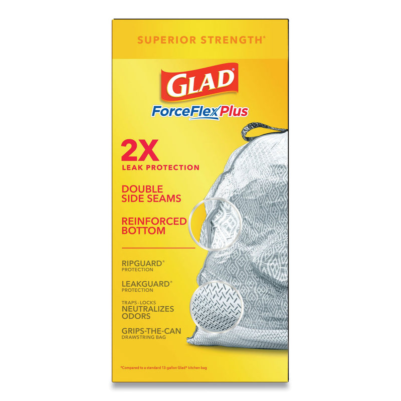 Glad ForceFlexPlus OdorShield Tall Kitchen Drawstring Trash Bags, 13 gal, 0.9 mil, 24" x 28", White, 204/Carton